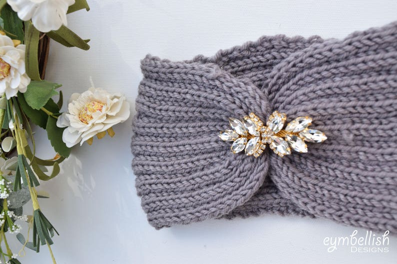 Rhinestone Knit Headband, Embellished Ear Warmers, Christmas gift, crochet headband, headwrap with rhinestone applique, winter headband image 5