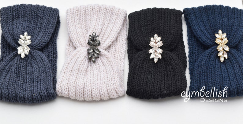 Rhinestone Knit Headband, Embellished Ear Warmers, Christmas gift, crochet headband, headwrap with rhinestone applique, winter headband image 6