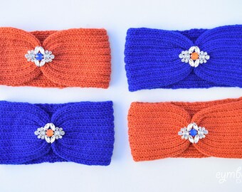 Sports themed gear, Orange winter Hat, Rhinestone Knit Headband, blue Embellished Ear Warmers, Christmas gift for her, winter fashion