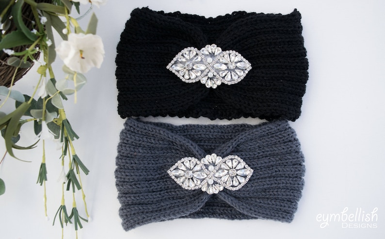 headwrap with rhinestone applique Rhinestone Knit Headband Embellished Ear Warmers Christmas gift winter headband crochet headband