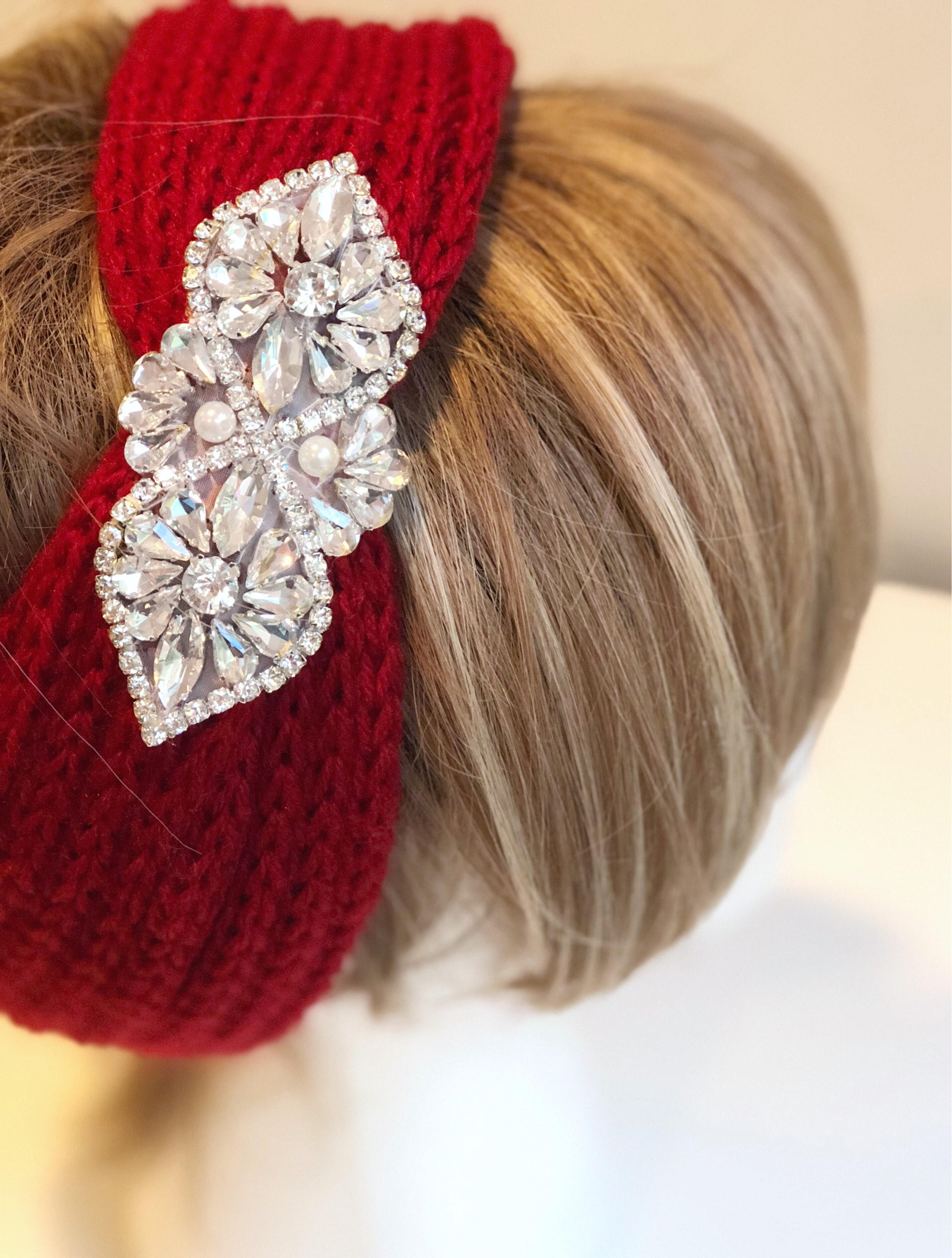 Knit Winter Headband Head Wrap Earwarmer Red Sparkle Chunky Knit with Rhinestone Button