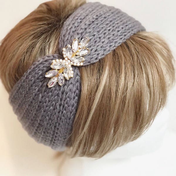 Rhinestone Knit Headband, Embellished Ear Warmers, Christmas gift, crochet headband, headwrap with rhinestone applique, winter headband