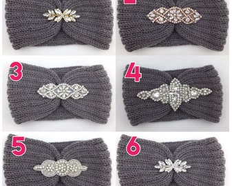 Rhinestone Knit Headband, Embellished Ear Warmers, Christmas gift, crochet headband, headwrap with rhinestone applique, winter headband
