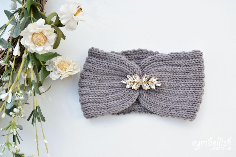 Rhinestone Knit Headband, Embellished Ear Warmers, Christmas gift, crochet headband, headwrap with rhinestone applique, winter headband image 1