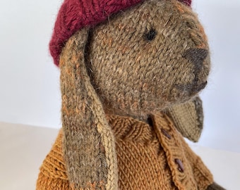 May include: A knitted brown and orange dog wearing a burgundy knitted hat and a brown and orange knitted cardigan.