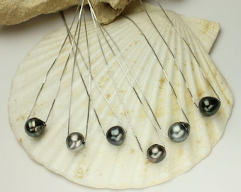 Tahitian Pearl Necklace, Genuine Black Pearl Sterling Silver Chain, Tahiti Floating Pearl