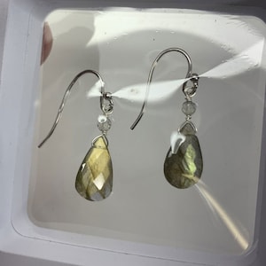Labradorite Silver Earrings, Faceted Briolette Gold Sheen Gemstones, Sterling Silver Wire Earrings, French Hook Earrings