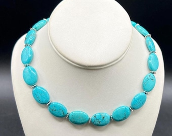 Turquoise Necklace, Genuine, Natural Turquoise Oval Beads, Custom Sterling Silver Toggle Clasp