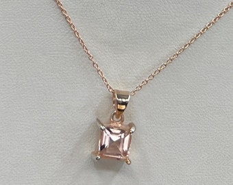 Pink Morganite Rose Gold Necklace, Natural Gemstone, Custom Faceted Princess Cut, Square Genuine Morganite, 16 or 18 Inch Rose Gold Chain