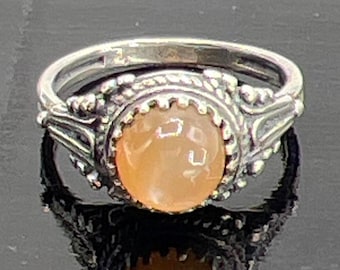 Moonstone Silver Ring, Genuine Round Peach Moonstone with Sheen, Sterling Silver Antique Ring