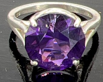Amethyst Silver Ring, Custom Faceted Round Brilliant, Natural Gem Mined in Zambia Africa, Rich Purple, Prong Set, Sterling Silver Size 9