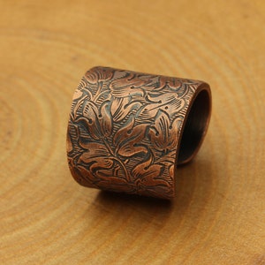 Wide Copper Ring, Embossed Antique Floral Pattern, Thick  Band, Adjustable Sizes