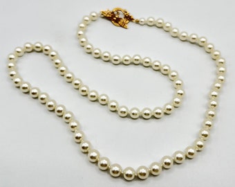 White Pearl Strand, White Round Shell Pearl Necklace, Individually Knotted, Yellow Gold Vermeil Dragonfly Toggle Clasp