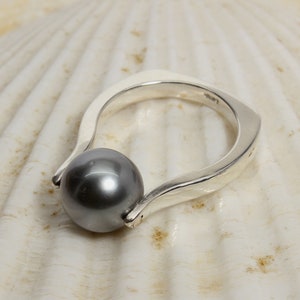 Tahitian Pearl Ring, Natural Silver Black Pearl Sterling Silver Ring, Euro Comfort Band