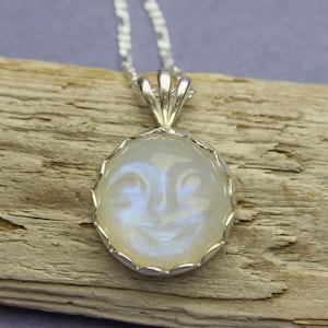 Rainbow Moonstone Necklace, Carved Rainbow Moonstone, Man in the Moon Sterling Silver Necklace, Pendant, Chain