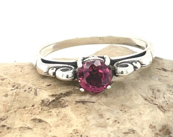 Rhodolite Garnet Ring, Pinkish Red Garnet Antique Style Sterling Silver Ring, Custom Faceted Garnet Gemstone, Size 8