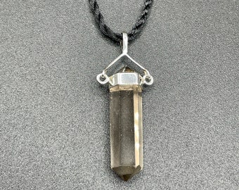 Smoky Quartz Necklace, Genuine Quartz Crystal Pendant, Sterling Silver Black Cord