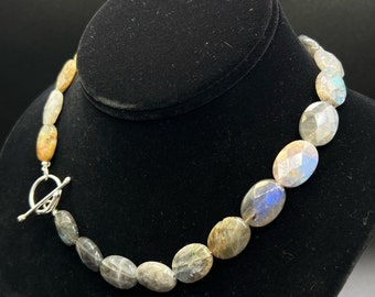 Iridescent Labradorite Necklace, Faceted Oval Blue Golden Sheen Labradorite Beads, Custom Sterling Silver Toggle Clasp
