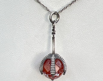 Talon Fire Agate Bead Necklace, Genuine, Natural Fire Agate Bead Pendant, Held into a Custom Made Sterling Silver Raven Talon, Dragon Claw