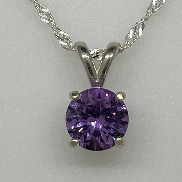 Color Change Sapphire Necklace, Sterling Silver, Prong Setting, 8 MM Gem, Lab Created Gemstone, 16 Inch Silver Chain