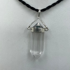 Quartz Crystal Necklace, Clear Quartz Point, Sterling Silver Pendant, Black Cord