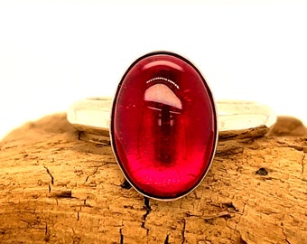 Ruby Silver Ring, Red Ruby Lab Cabochon, Bezel Set Sterling Silver