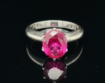 Hot Pink Sapphire Ring, Oval Gemstone 3 Carat Lab Gem, Sterling Silver Ring