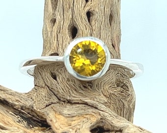 Citrine Silver Ring, Custom Faceted Round Yellow Citrine Gemstone Bezel Set Sterling Silver Ring