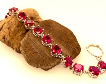 Red Ruby Bracelet, Faceted Round Ruby Sterling Silver Bracelet, Lab Created, 29 Carats, Custom Toggle Clasp