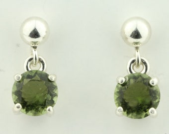 Moldavite Silver Earrings, Genuine Green Tektite, Meteorite Sterling Silver, Round Faceted Moldavite Post Dangle Earrings, Certificate