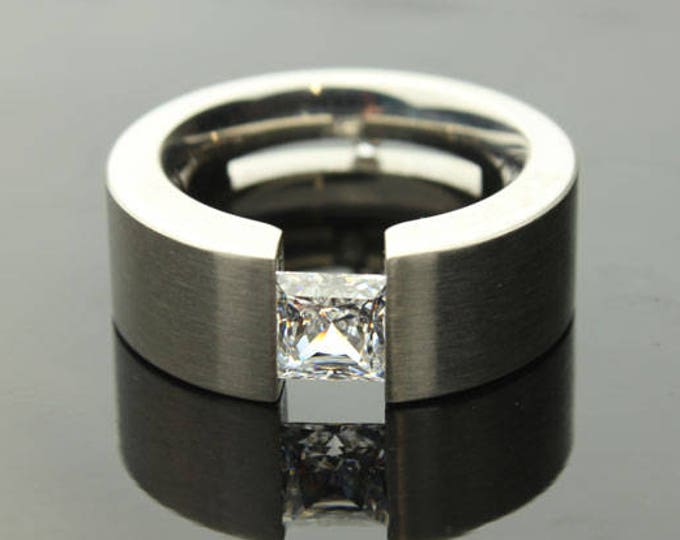 Mens Ring Tension Set Square, 1 Carat Princess Cut Gemstone Stainless ...