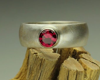 Ruby Silver Ring, Lab Faceted Red Ruby Sterling Silver, Wide Band, Unisex Ring Size 10