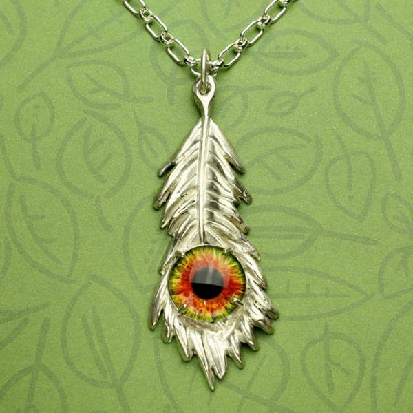 Peacock Feather Necklace, Hazel Glass Eye, Sterling Silver Feather Necklace, Custom Long Short Link Chain, Lost wax Casting