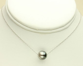 Tahitian Pearl Necklace, Genuine Silver Tahiti Pearl 16 Inch Sterling Silver Chain, Floating Pearl