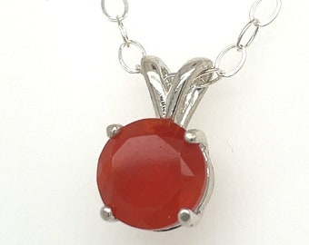 Fire Opal Necklace, Faceted 2.65 Carat, Round, Orange Opal Gemstone, Sterling Silver Pendant, Chain