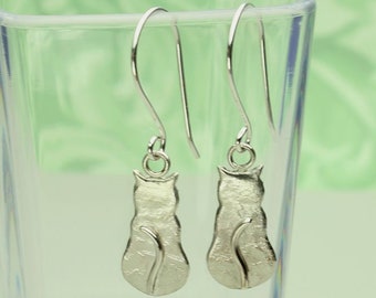 Cat Silver Earrings, Sterling Silver Wire, French Hook, Kitten Kitty Earrings