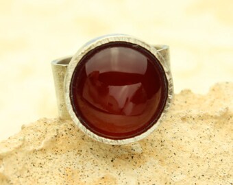 Carnelian Silver Ring Red Orange Cabochon Bezel Set Sterling Silver Custom Wide Band