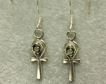 Ankh Moldavite Earrings, Genuine Green Tektite Sterling Silver, Moldavite Ankh Cross Wire, Dangle Earrings, Green Meteorite, Certificate