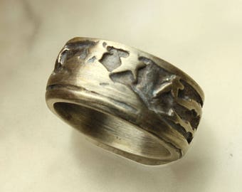 Mountain Silver Ring, Mountain Range, Moon, Stars Sterling Silver Ring, Rustic, Nature, Wide Silver Band