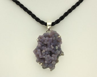 Grape Agate Necklace, Purple Grape Botryoidal Chalcedony in Sterling Silver Pendant, Black Cord