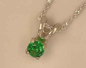 Emerald Silver Necklace, Green Emerald Gemstone, 4 MM, Sterling Silver, Lab, Round Faceted Emerald, 18 Inch Chain