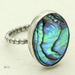 Abalone Silver Ring, Iridescent Abalone Paula Shell Sterling Silver Ring, Size 6 1/2