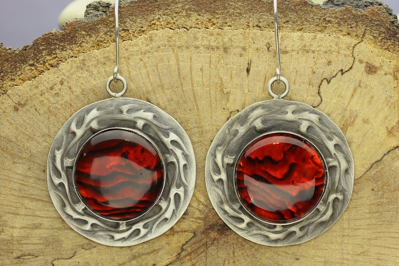 Sterling Silver Flame Dangle Earrings Red Paua Abalone Shell Cabochons Earrings On Fire Wire Hooks