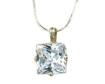 White Sapphire Color Necklace, Princess Cut, 12 MM Clear Cubic Zirconia Gemstone, 14 Carats, Sterling Silver, Silver Chain