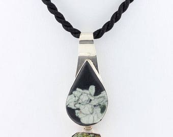Chinese Writing Necklace, Druzy Bezel Set in Sterling Silver, Black Silk Cord