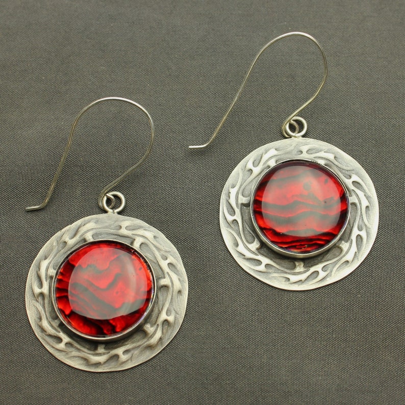 Earrings On Fire Wire Hooks Sterling Silver Flame Dangle Earrings Red Paua Abalone Shell Cabochons