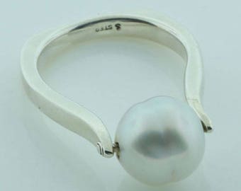 White Pearl Ring, Natural South Sea Circlé Pearl Sterling Silver Ring, Euro Comfort Band, Size 7 & 8