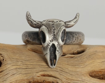 Mens Skull Ring, Steer Skull Sterling Silver Ring, Western Cow Skull, Hammered Silver Band, Sizes  8, 9, 10 & 11