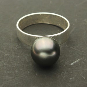 Tahitian Pearl Ring Natural Black Pearl Sterling Silver Ring, Floating Pearl