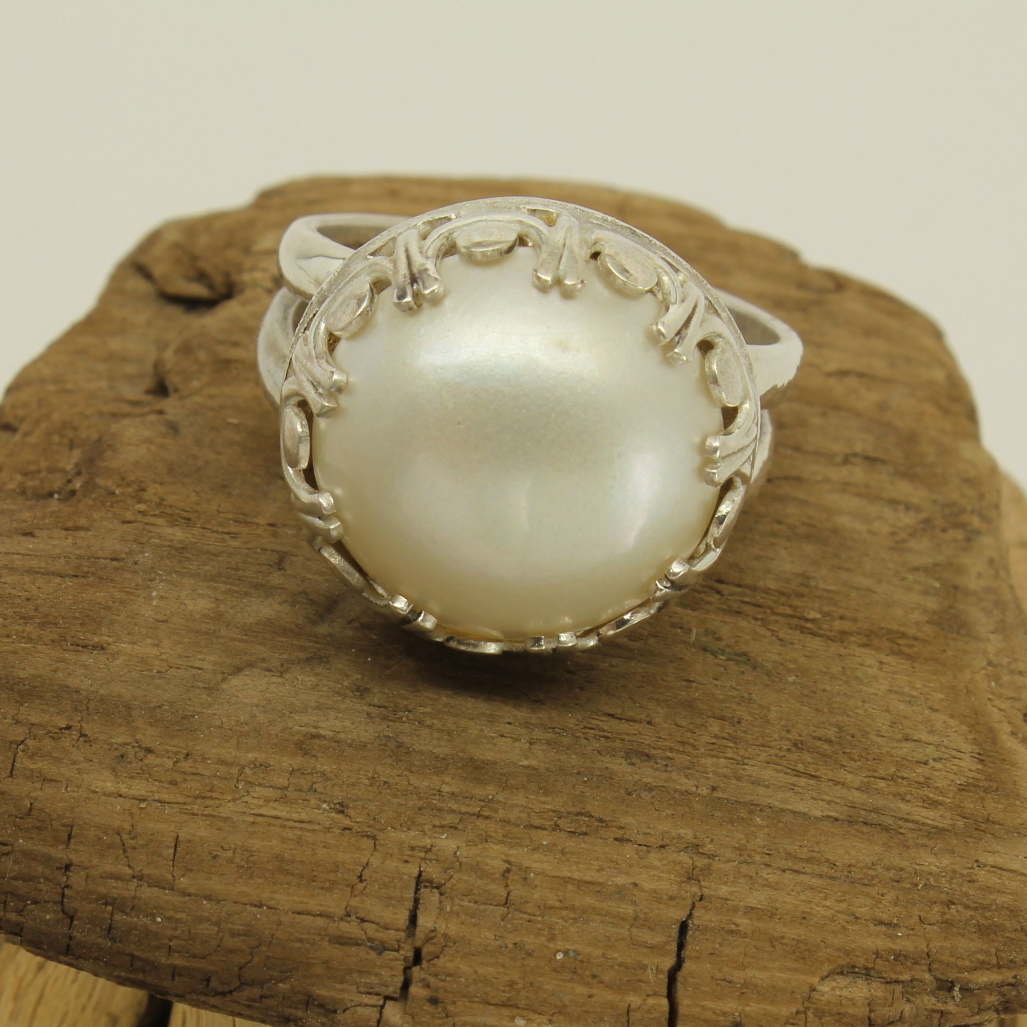 Mabe Pearl Ring, White Pearl Sterling Silver, Open Bezel Custom Ring, Size 8